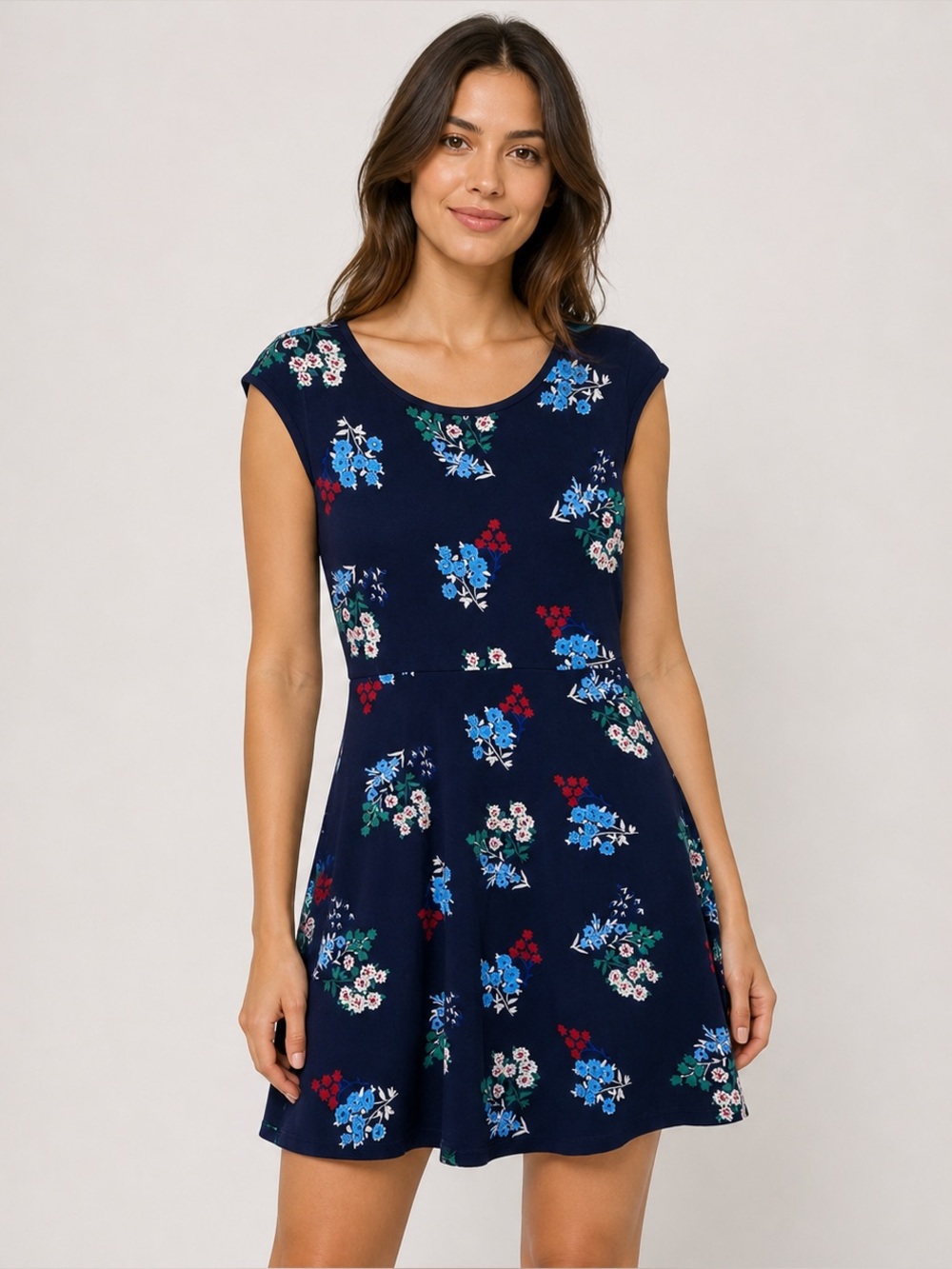 Draper James Floral Ponte A-Line Dress size Medium Navy Blue Cap Sleeves